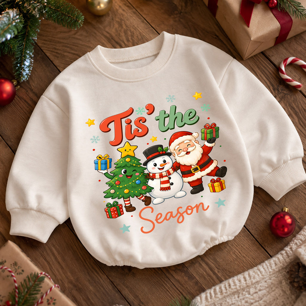 Tis the Season Baby Romper, Santa Snowman 1st Birthday Christmas Outfit, Cute Holiday Toddler Romper, Festive Christmas Gift for Baby — product view 5