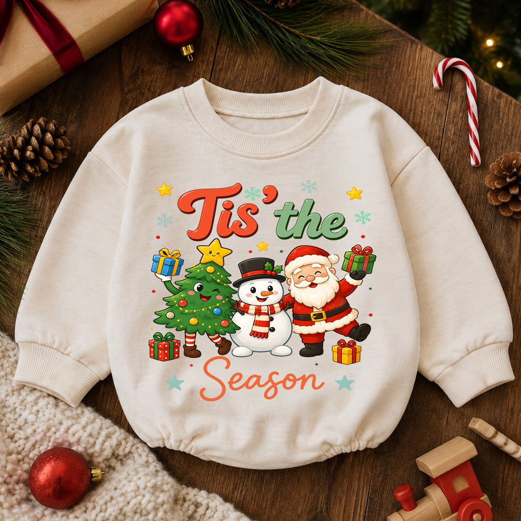 Tis the Season Baby Romper, Santa Snowman 1st Birthday Christmas Outfit, Cute Holiday Toddler Romper, Festive Christmas Gift for Baby — product view 6