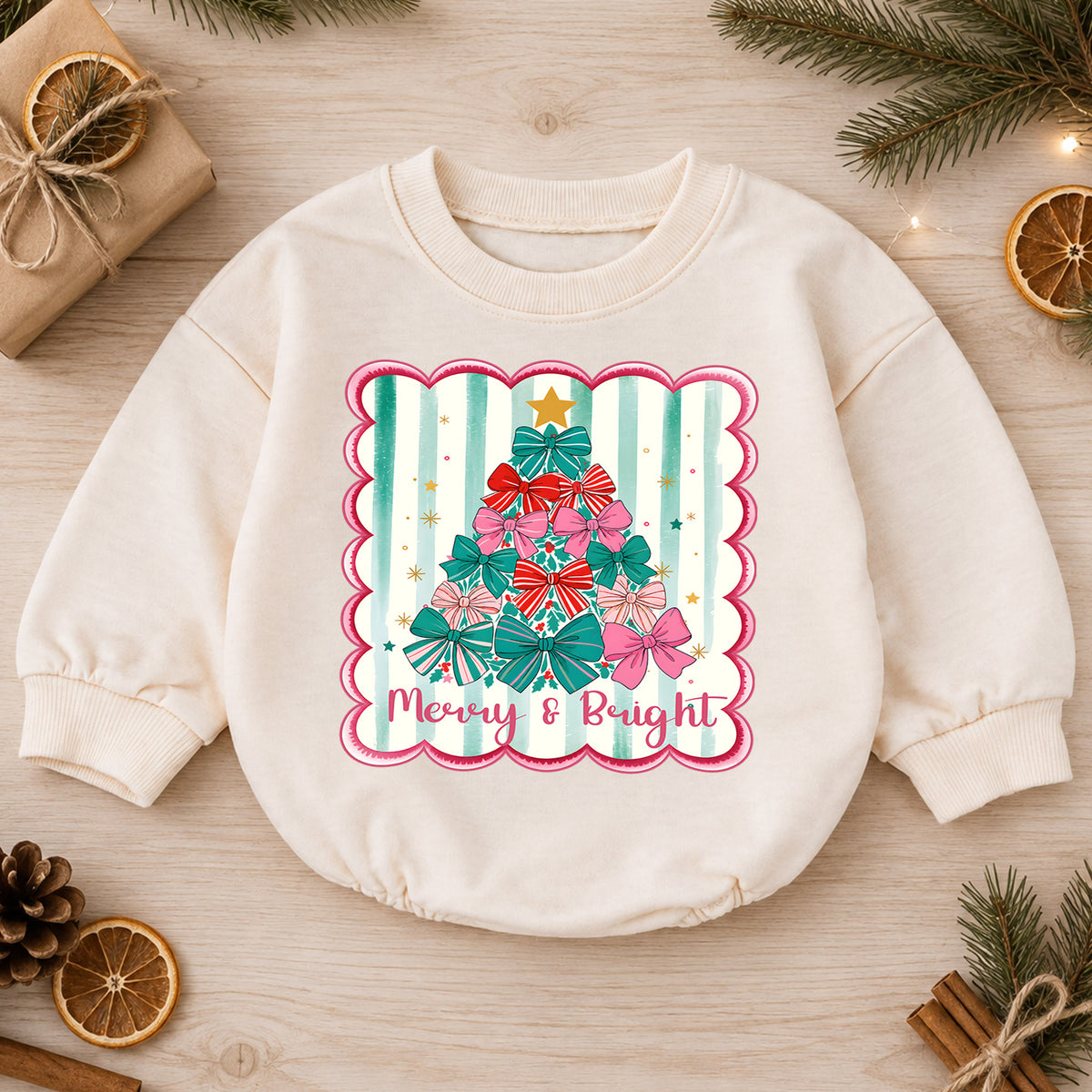 Merry and Bright Christmas Baby Romper, Bow Christmas Tree Holiday Outfit, Toddler Xmas Romper, Cute 1st Christmas Gift for Baby — product view 1