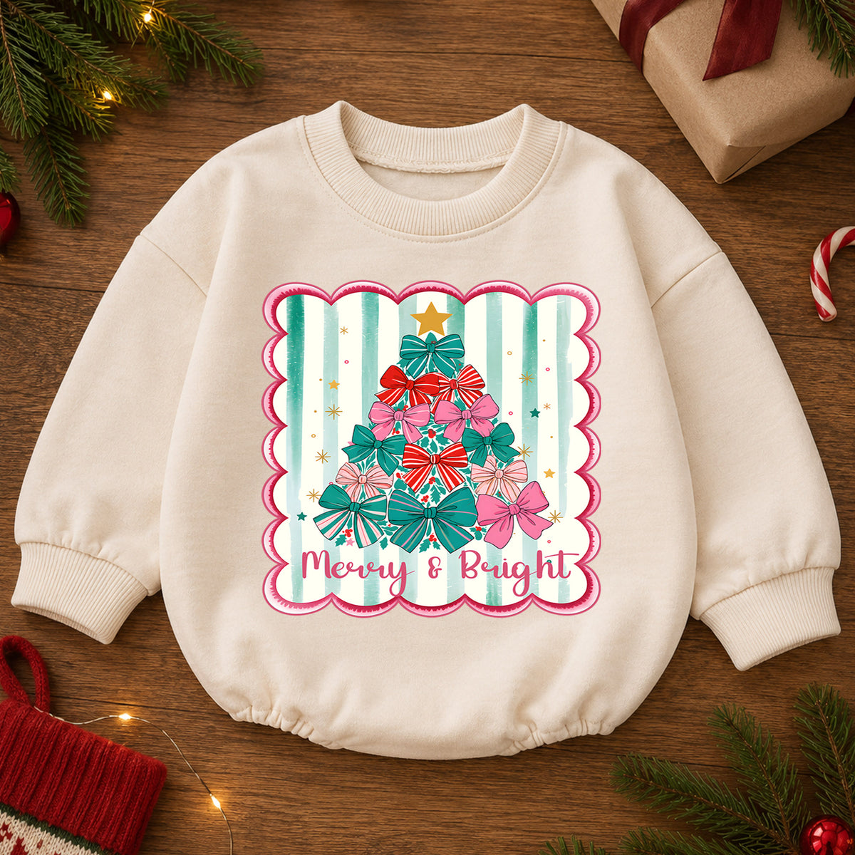 Merry and Bright Christmas Baby Romper, Bow Christmas Tree Holiday Outfit, Toddler Xmas Romper, Cute 1st Christmas Gift for Baby — product view 2
