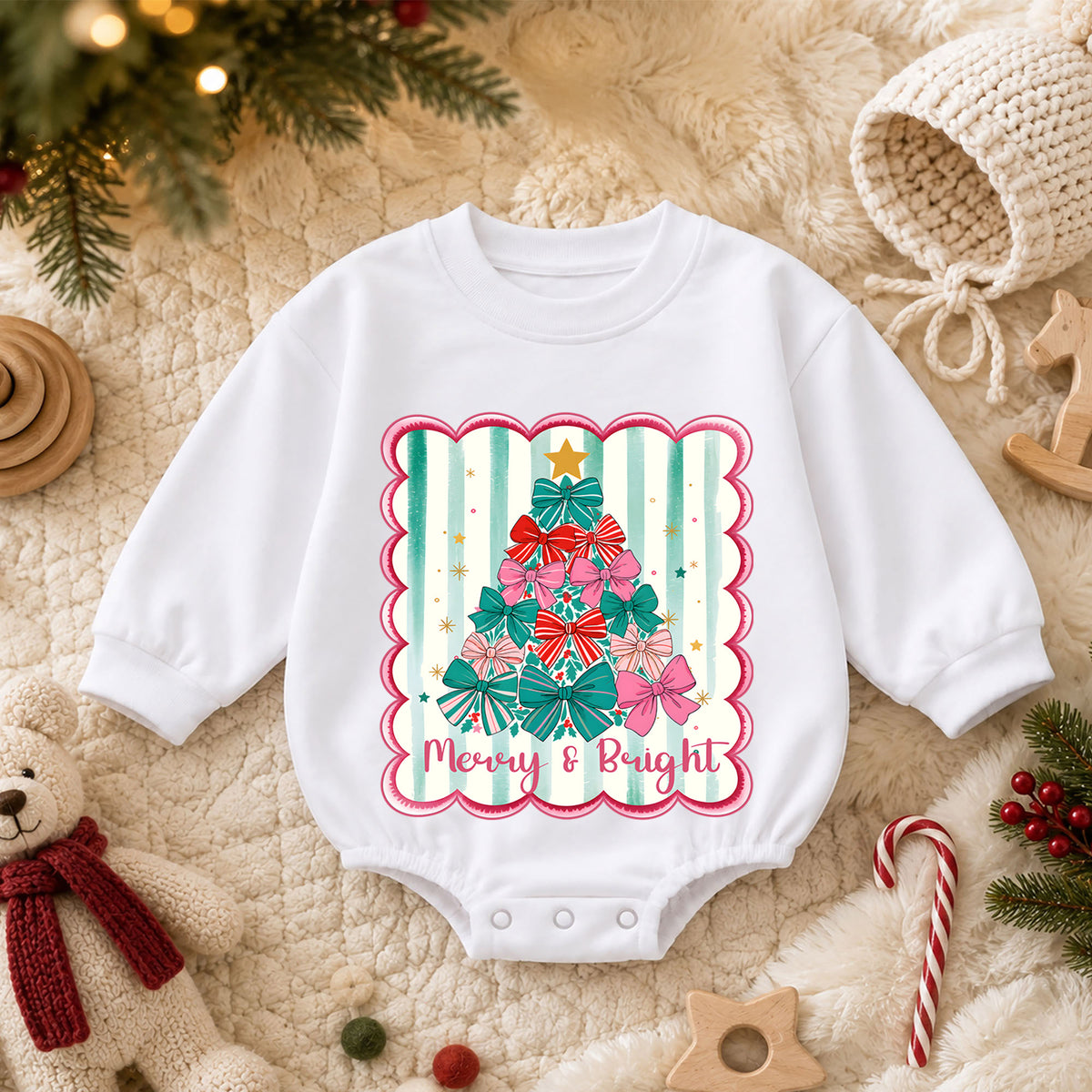 Merry and Bright Christmas Baby Romper, Bow Christmas Tree Holiday Outfit, Toddler Xmas Romper, Cute 1st Christmas Gift for Baby — product view 3