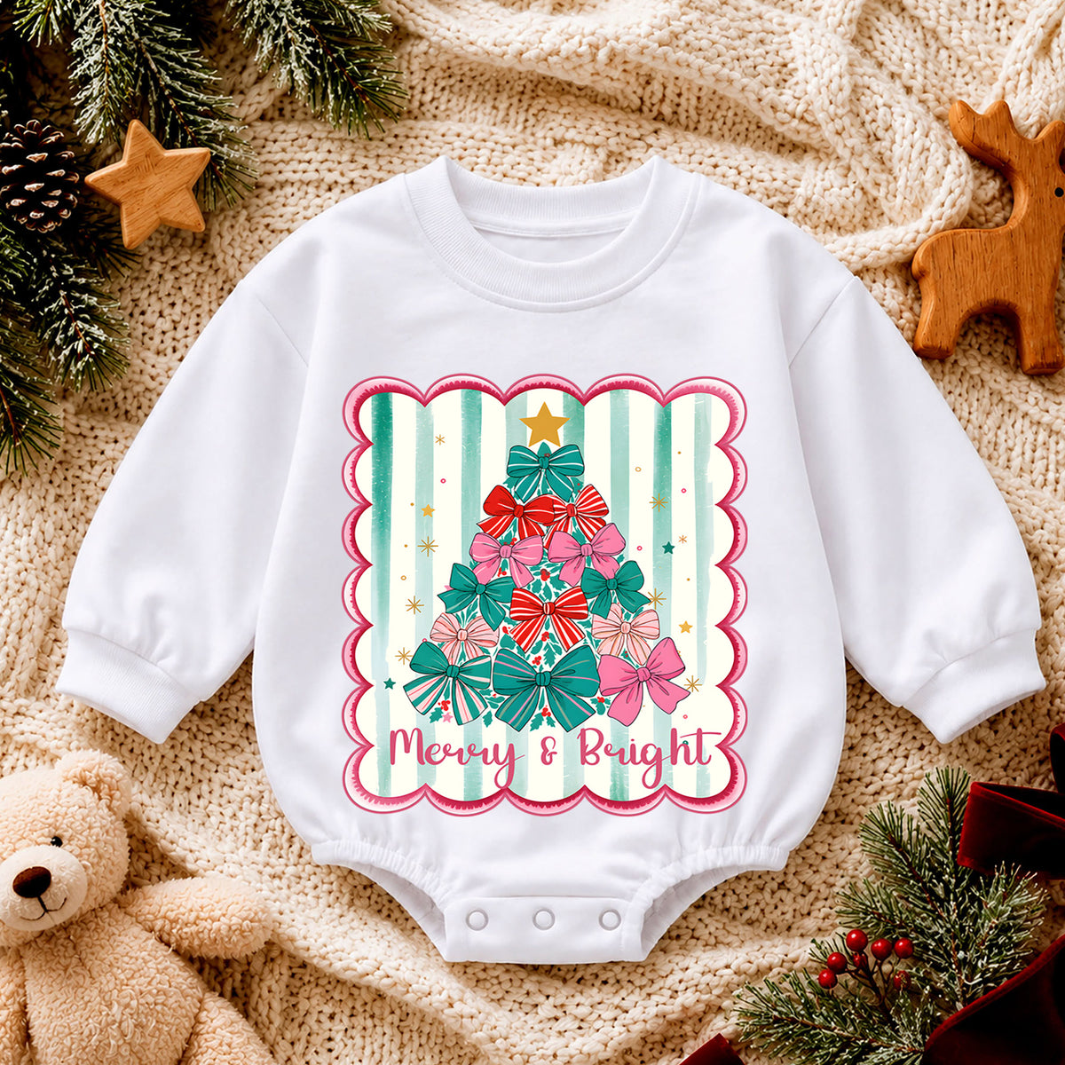 Merry and Bright Christmas Baby Romper, Bow Christmas Tree Holiday Outfit, Toddler Xmas Romper, Cute 1st Christmas Gift for Baby — product view 4