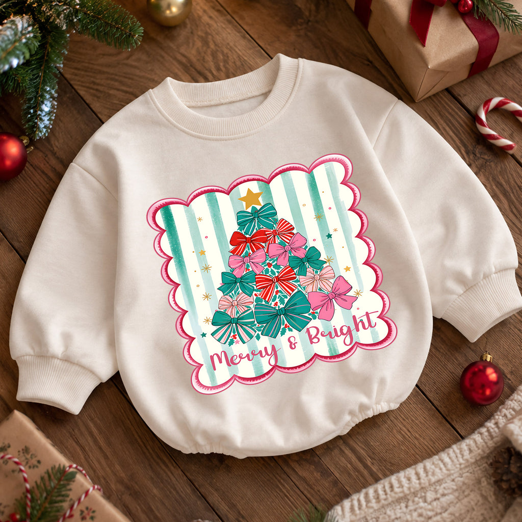 Merry and Bright Christmas Baby Romper, Bow Christmas Tree Holiday Outfit, Toddler Xmas Romper, Cute 1st Christmas Gift for Baby — product view 5