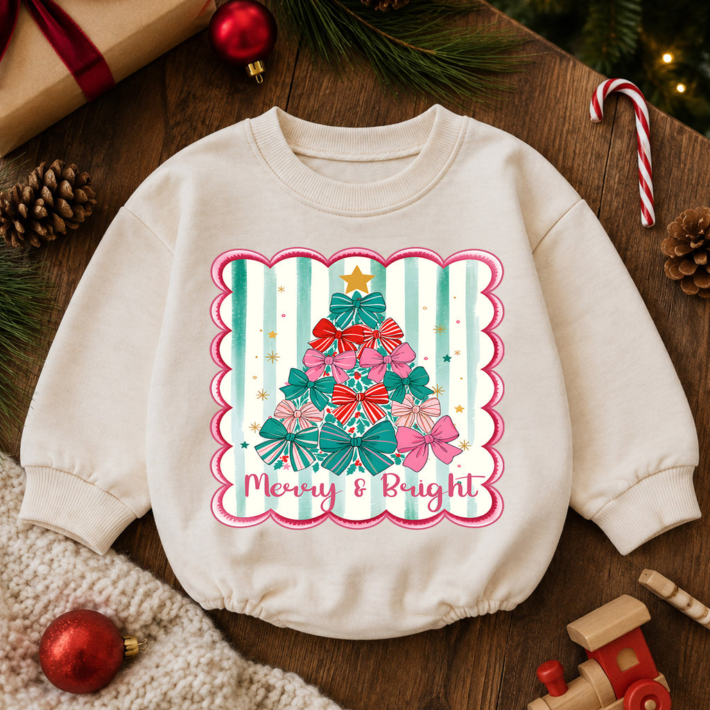 Merry and Bright Christmas Baby Romper, Bow Christmas Tree Holiday Outfit, Toddler Xmas Romper, Cute 1st Christmas Gift for Baby — product view 6
