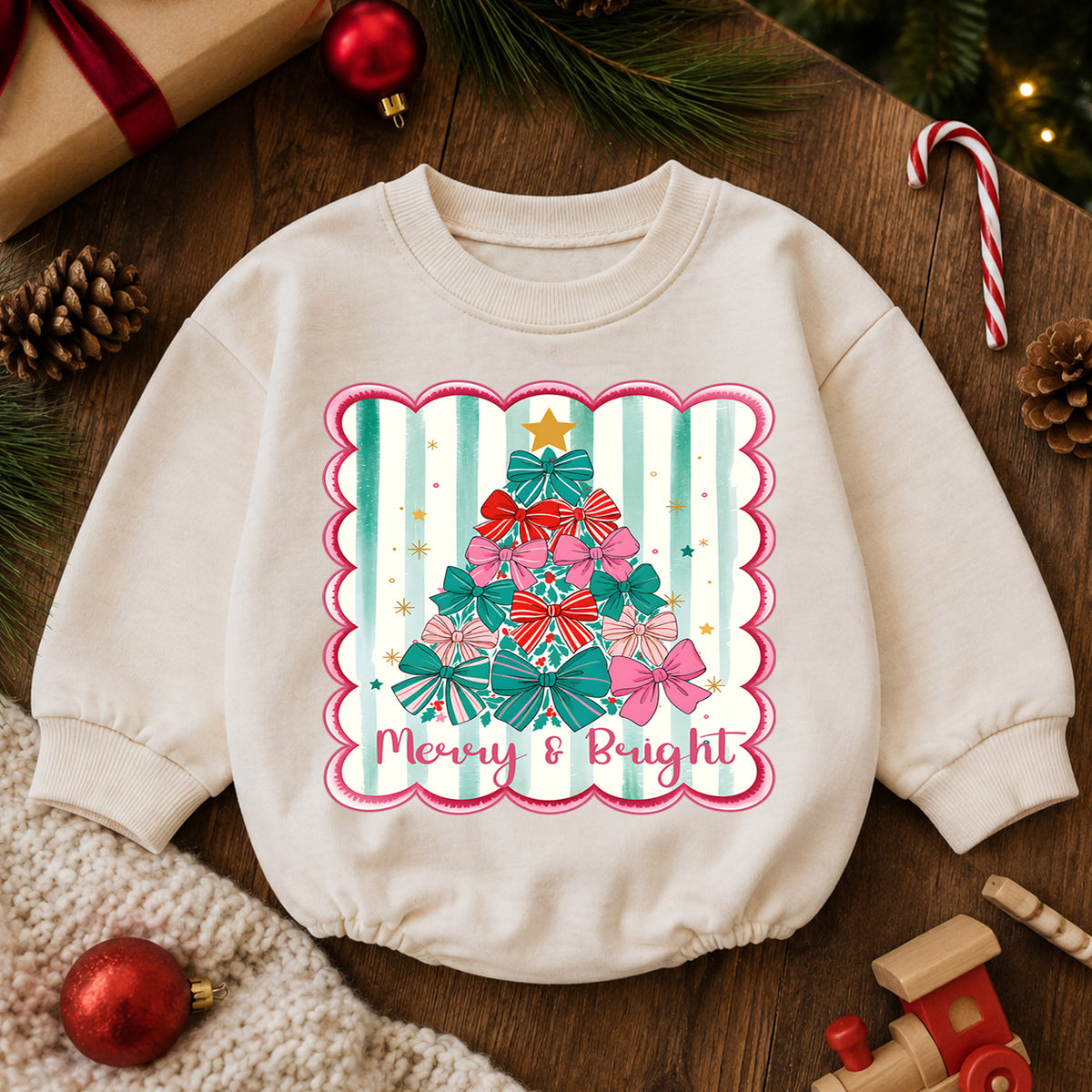 Merry and Bright Christmas Baby Romper, Bow Christmas Tree Holiday Outfit, Toddler Xmas Romper, Cute 1st Christmas Gift for Baby — product view 6