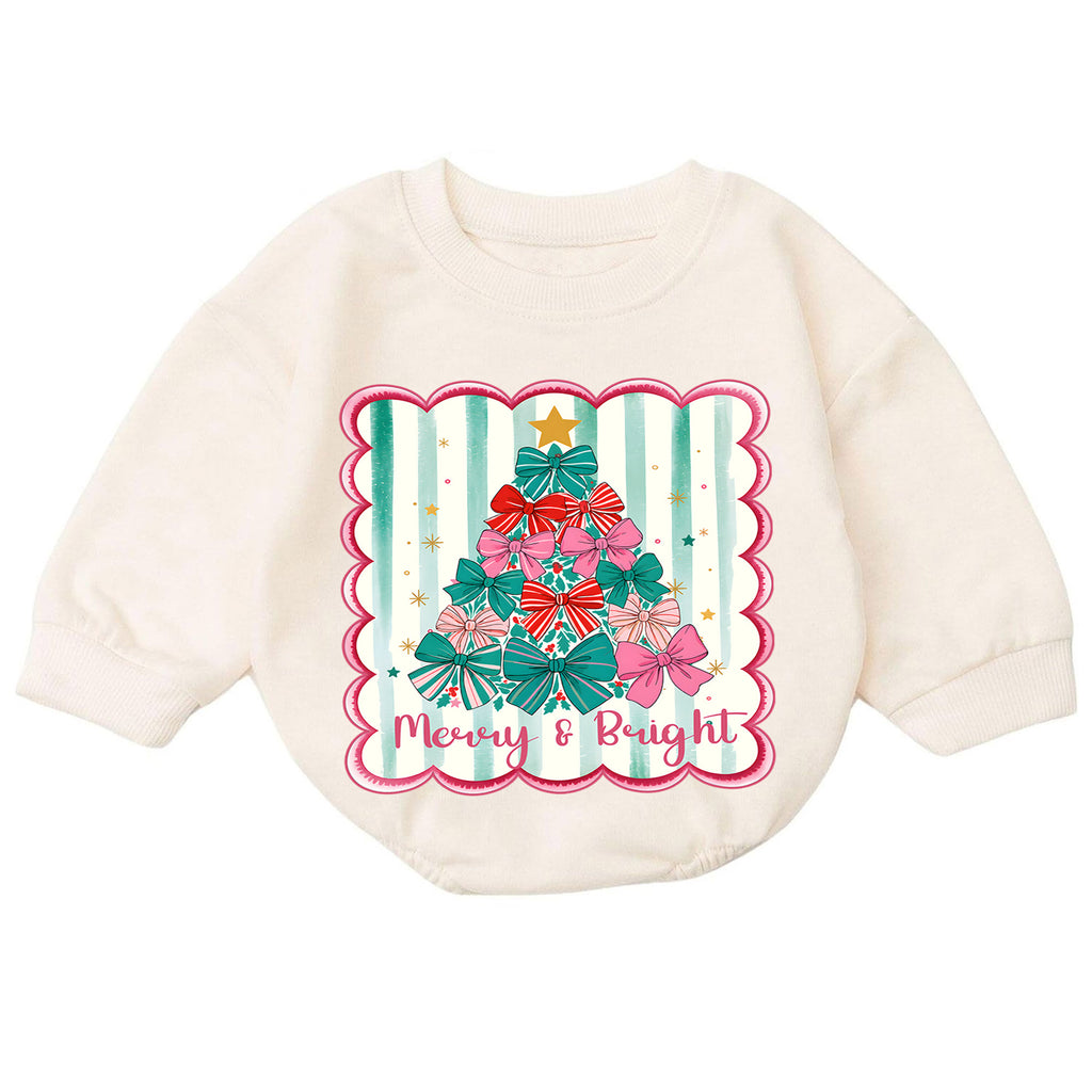 Merry and Bright Christmas Baby Romper, Bow Christmas Tree Holiday Outfit, Toddler Xmas Romper, Cute 1st Christmas Gift for Baby — product view 7