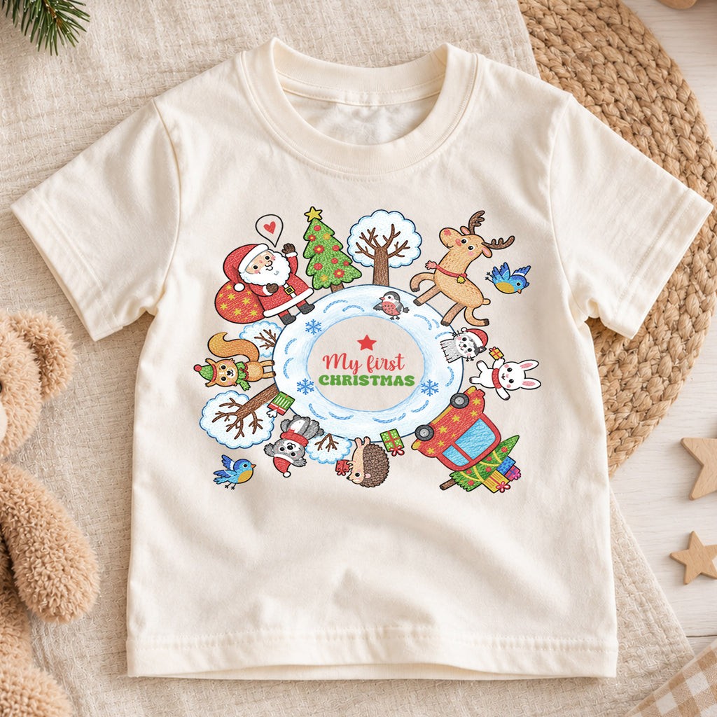 My First Christmas Kids Shirt, Santa Reindeer Winter Animals Tee, Baby First Christmas Holiday Keepsake Shirt, Cute Infant Christmas Gift — product view 1