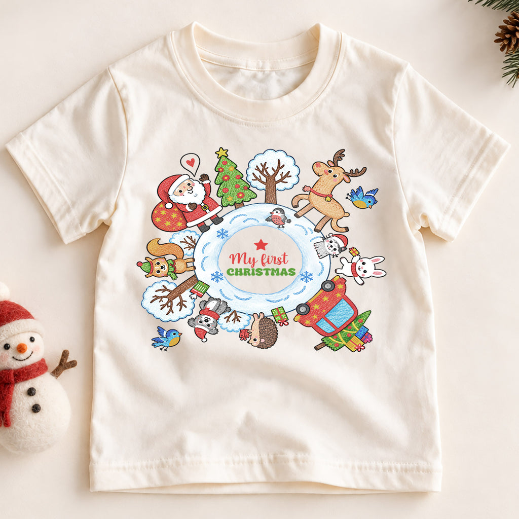 My First Christmas Kids Shirt, Santa Reindeer Winter Animals Tee, Baby First Christmas Holiday Keepsake Shirt, Cute Infant Christmas Gift — product view 2