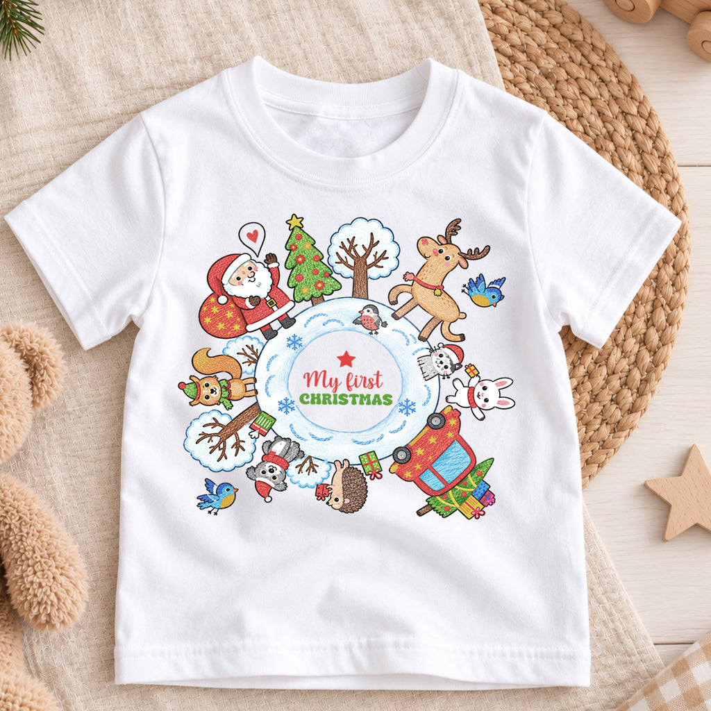 My First Christmas Kids Shirt, Santa Reindeer Winter Animals Tee, Baby First Christmas Holiday Keepsake Shirt, Cute Infant Christmas Gift — product view 3