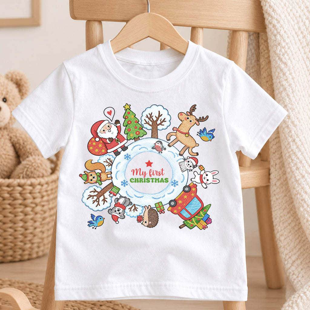 My First Christmas Kids Shirt, Santa Reindeer Winter Animals Tee, Baby First Christmas Holiday Keepsake Shirt, Cute Infant Christmas Gift — product view 4