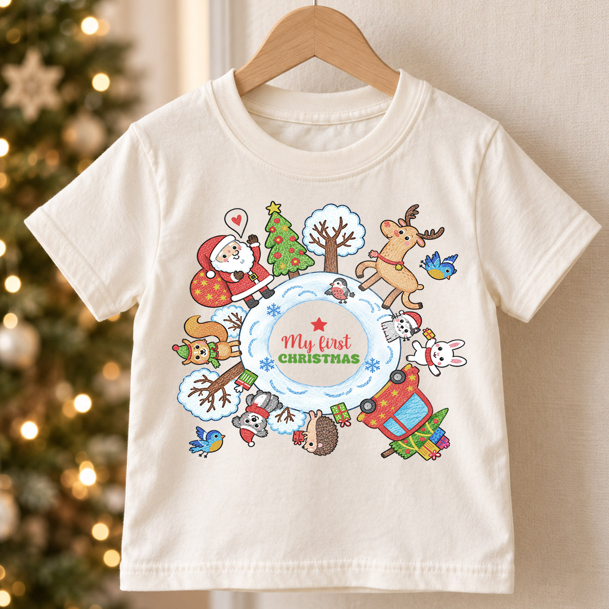 My First Christmas Kids Shirt, Santa Reindeer Winter Animals Tee, Baby First Christmas Holiday Keepsake Shirt, Cute Infant Christmas Gift — product view 5