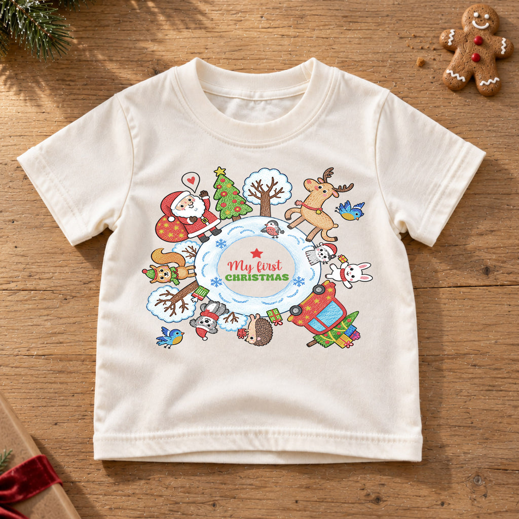 My First Christmas Kids Shirt, Santa Reindeer Winter Animals Tee, Baby First Christmas Holiday Keepsake Shirt, Cute Infant Christmas Gift — product view 6