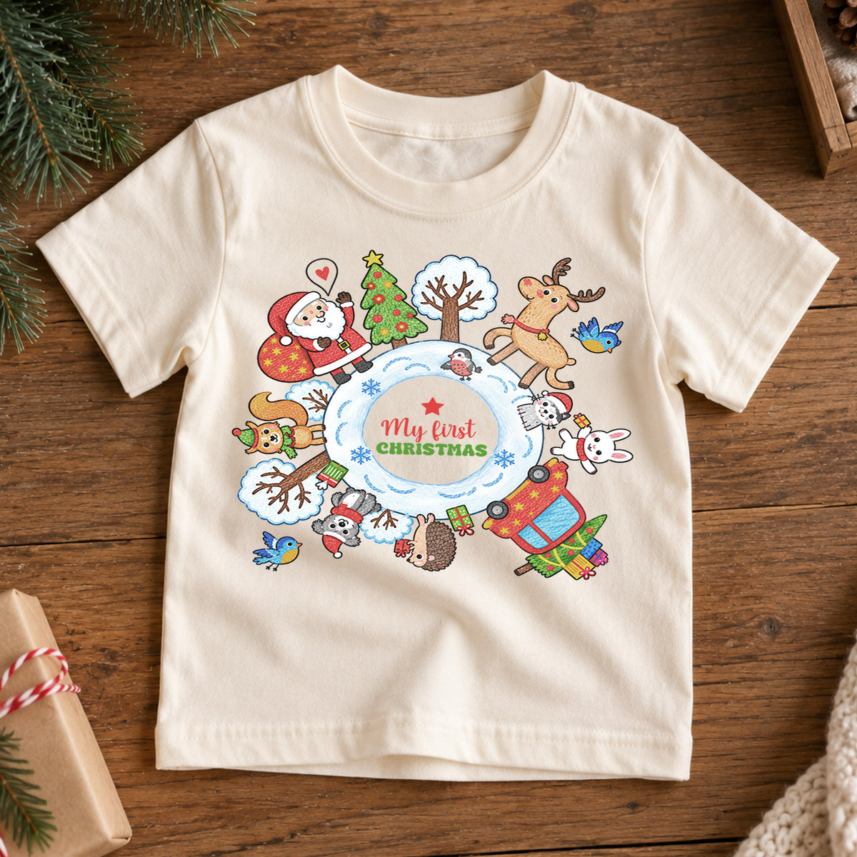My First Christmas Kids Shirt, Santa Reindeer Winter Animals Tee, Baby First Christmas Holiday Keepsake Shirt, Cute Infant Christmas Gift — product view 7
