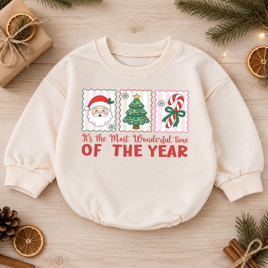 Most Wonderful Time Christmas Baby Romper, Santa Tree Candy Cane Holiday Outfit, Toddler Xmas Romper, Cute 1st Christmas Gift — product view 1