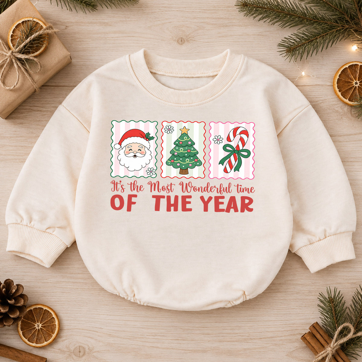 Most Wonderful Time Christmas Baby Romper, Santa Tree Candy Cane Holiday Outfit, Toddler Xmas Romper, Cute 1st Christmas Gift — product view 1