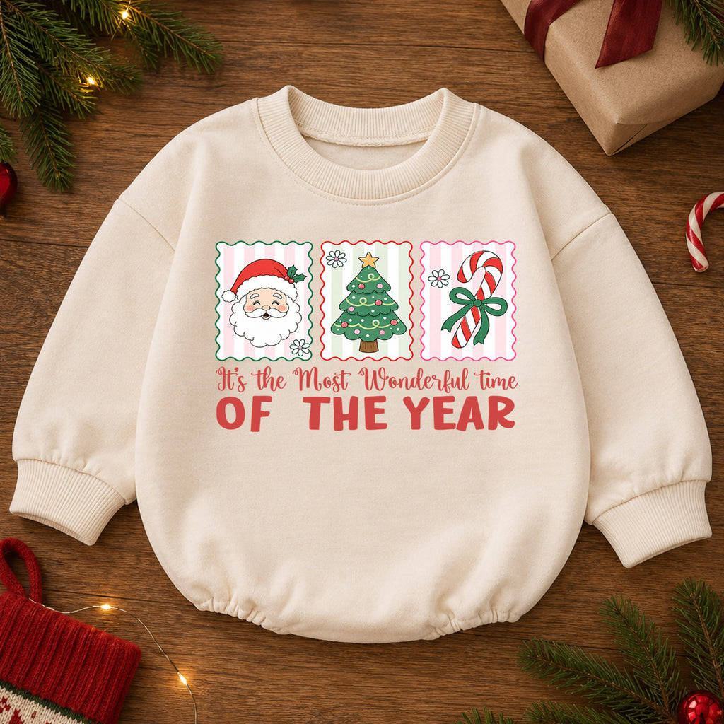 Most Wonderful Time Christmas Baby Romper, Santa Tree Candy Cane Holiday Outfit, Toddler Xmas Romper, Cute 1st Christmas Gift — product view 2