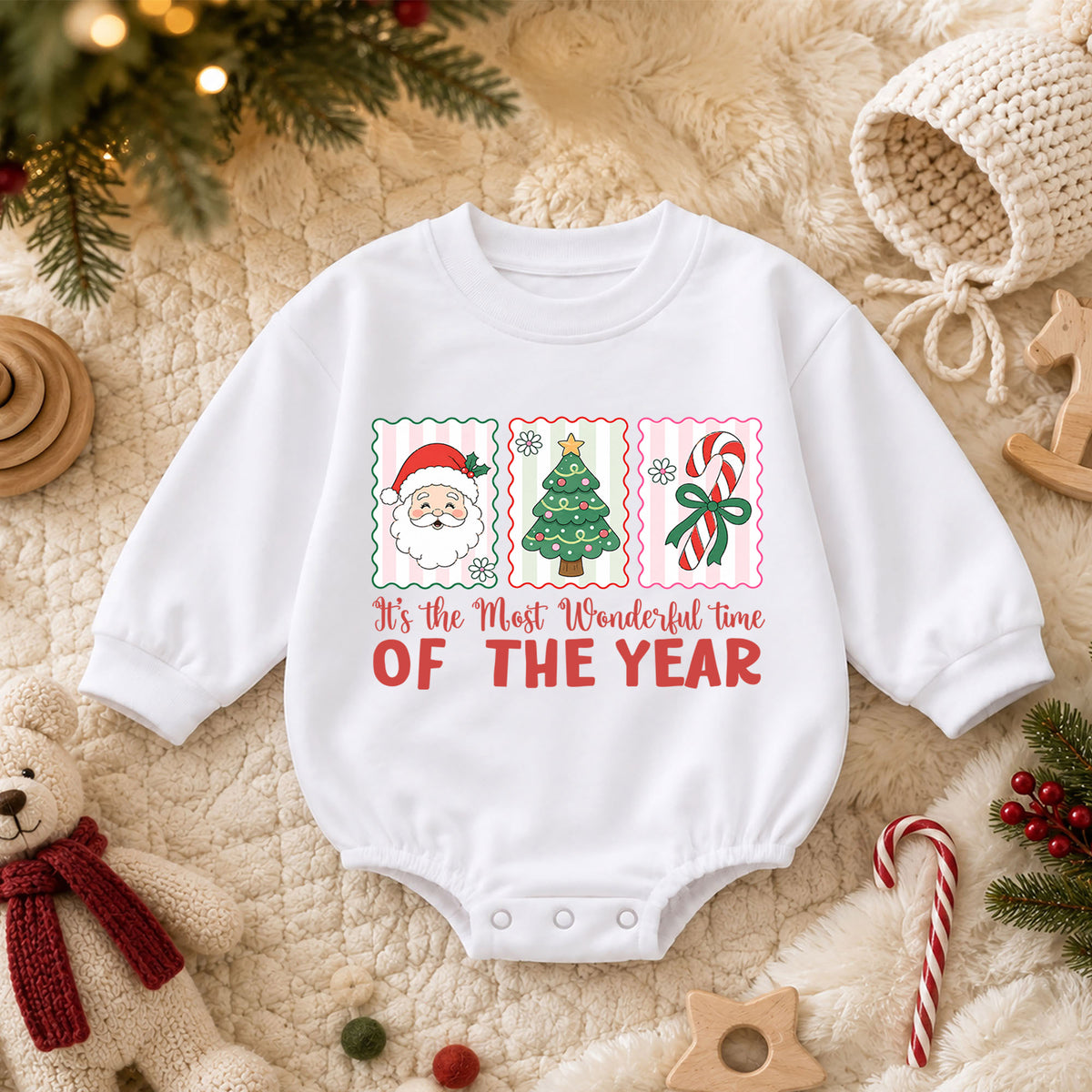 Most Wonderful Time Christmas Baby Romper, Santa Tree Candy Cane Holiday Outfit, Toddler Xmas Romper, Cute 1st Christmas Gift — product view 3