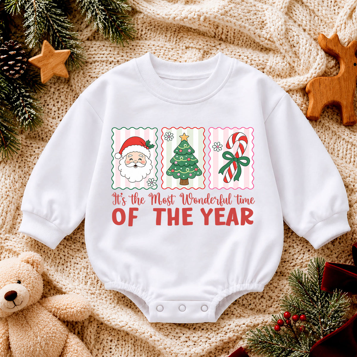 Most Wonderful Time Christmas Baby Romper, Santa Tree Candy Cane Holiday Outfit, Toddler Xmas Romper, Cute 1st Christmas Gift — product view 4