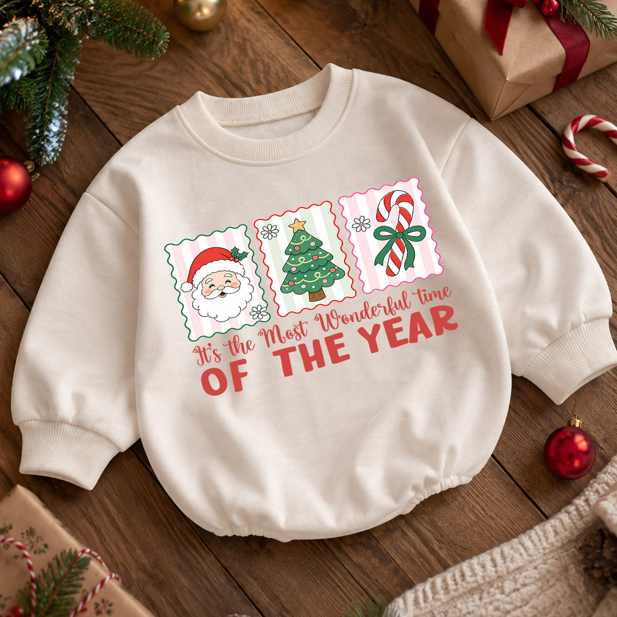 Most Wonderful Time Christmas Baby Romper, Santa Tree Candy Cane Holiday Outfit, Toddler Xmas Romper, Cute 1st Christmas Gift — product view 5