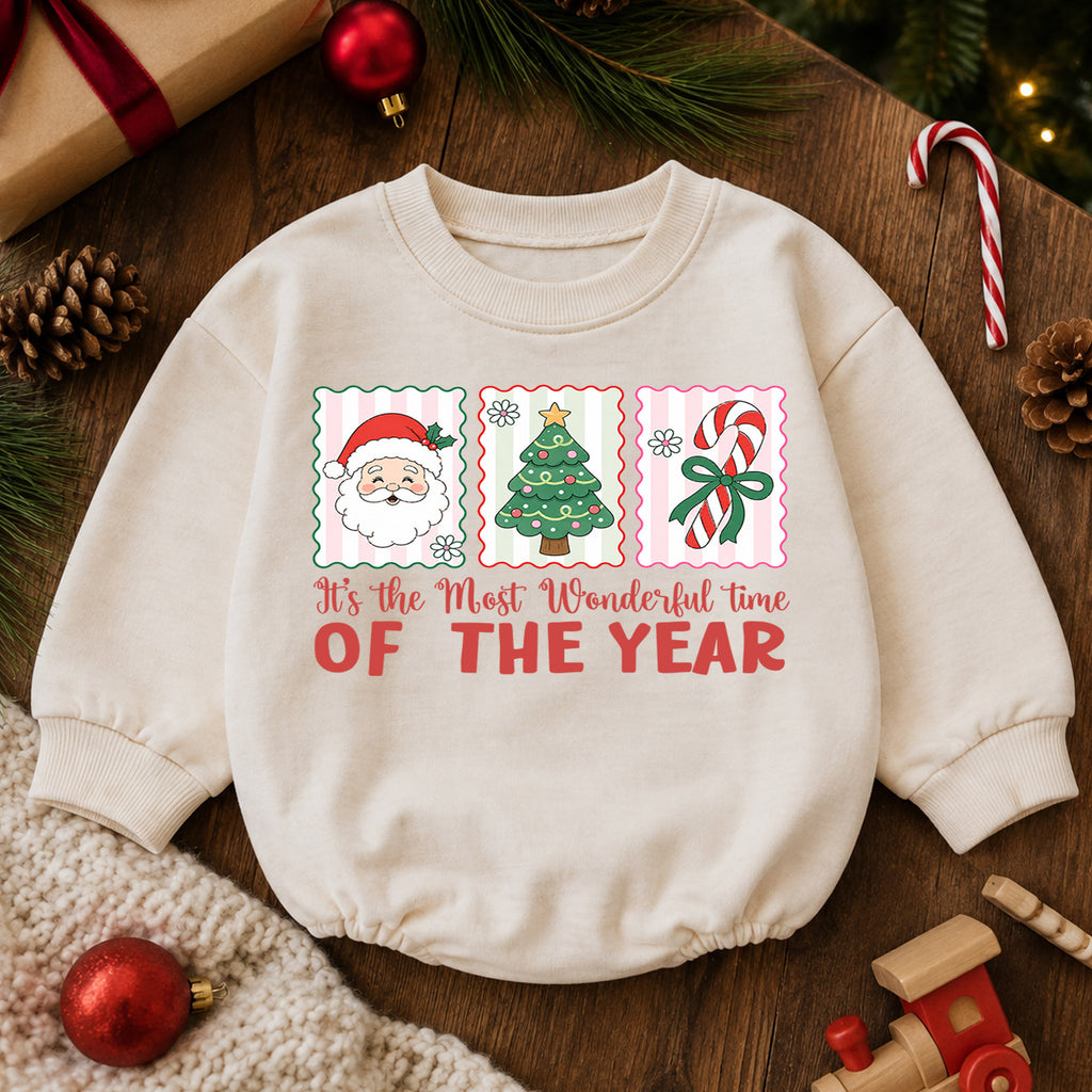 Most Wonderful Time Christmas Baby Romper, Santa Tree Candy Cane Holiday Outfit, Toddler Xmas Romper, Cute 1st Christmas Gift — product view 6