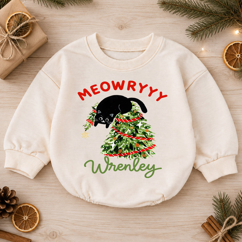 Meowy Christmas Cat Baby Romper, Black Kitty Christmas Outfit, Cat Lover Holiday Romper Gift for Baby — product view 1