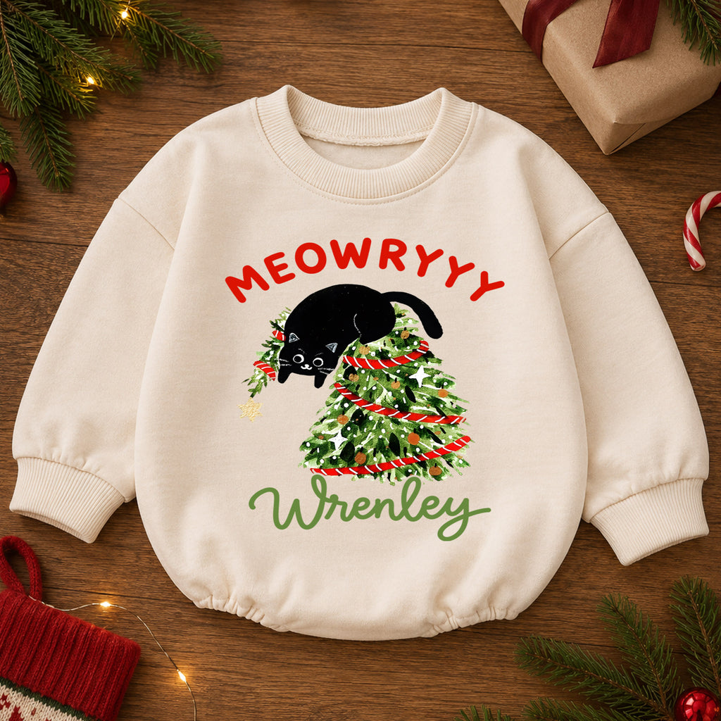 Meowy Christmas Cat Baby Romper, Black Kitty Christmas Outfit, Cat Lover Holiday Romper Gift for Baby — product view 2