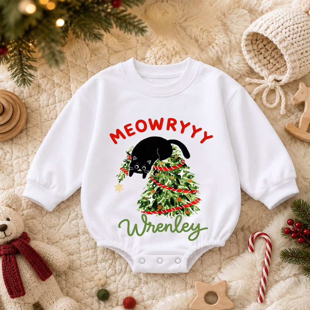 Meowy Christmas Cat Baby Romper, Black Kitty Christmas Outfit, Cat Lover Holiday Romper Gift for Baby — product view 3