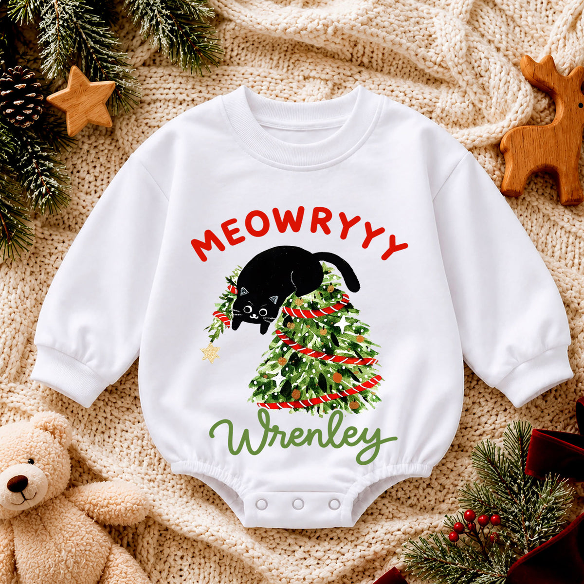 Meowy Christmas Cat Baby Romper, Black Kitty Christmas Outfit, Cat Lover Holiday Romper Gift for Baby — product view 4