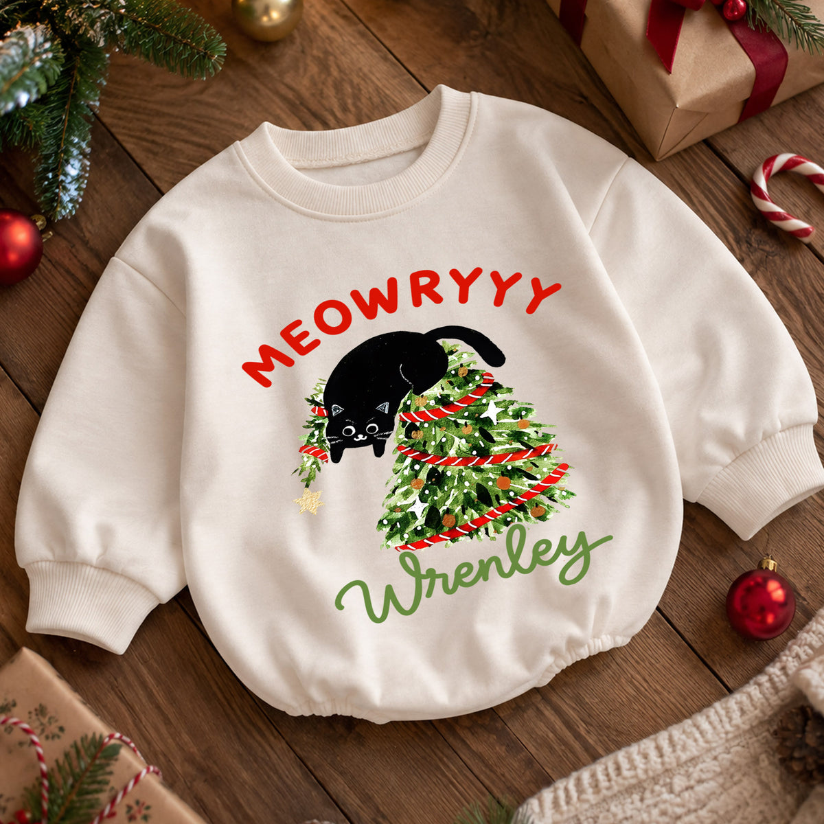 Meowy Christmas Cat Baby Romper, Black Kitty Christmas Outfit, Cat Lover Holiday Romper Gift for Baby — product view 5