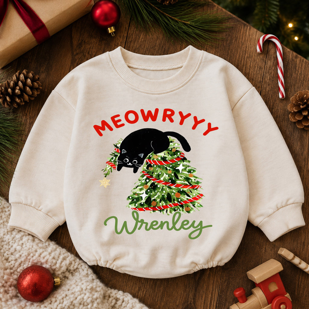 Meowy Christmas Cat Baby Romper, Black Kitty Christmas Outfit, Cat Lover Holiday Romper Gift for Baby — product view 6
