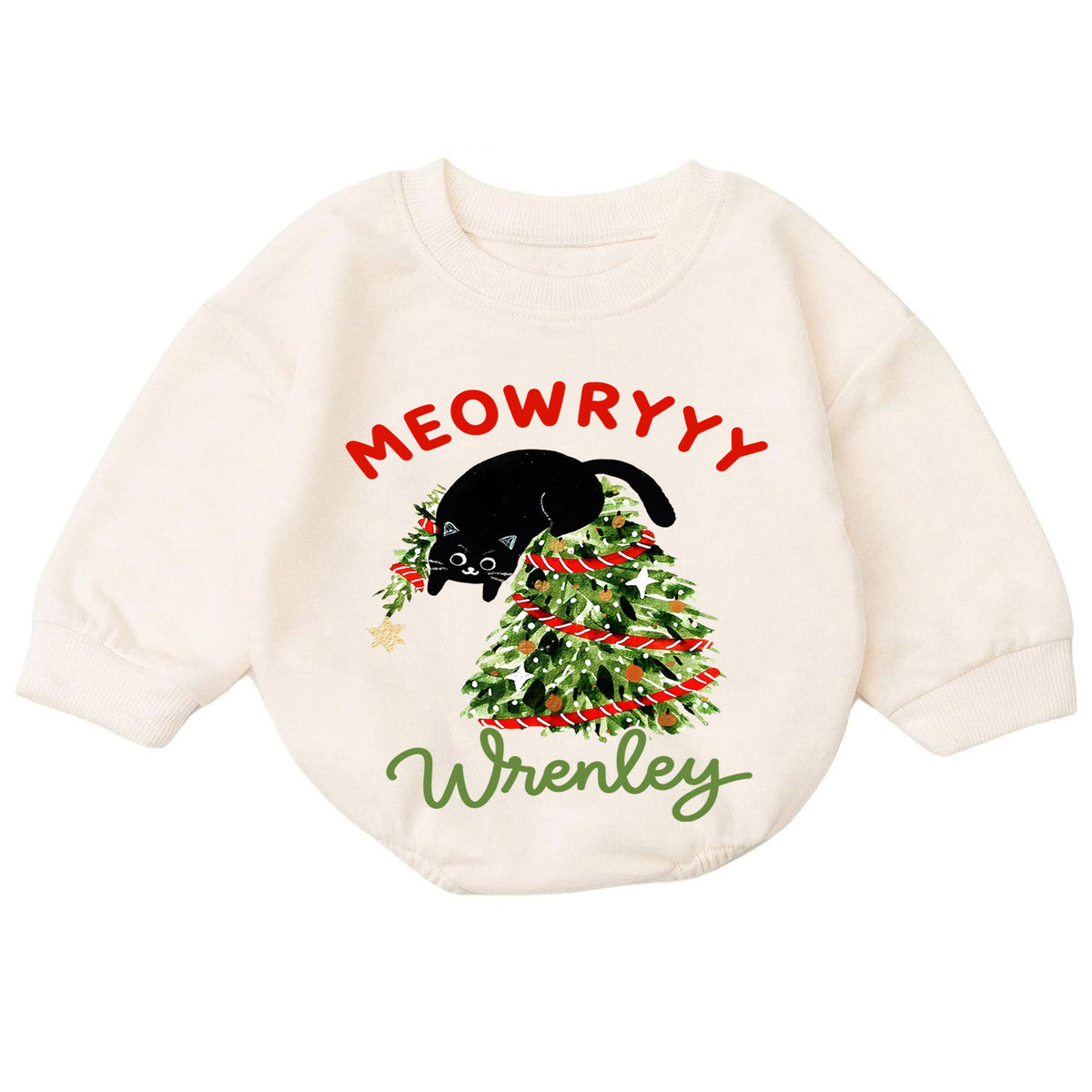 Meowy Christmas Cat Baby Romper, Black Kitty Christmas Outfit, Cat Lover Holiday Romper Gift for Baby — product view 7