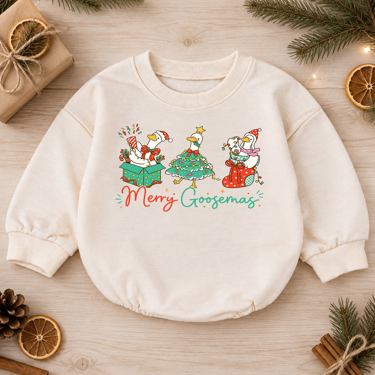 Merry Goosemas Goose Christmas Baby Romper, Funny Holiday Goose Outfit, Cute Farm Animal Christmas Romper, Xmas Gift for Baby — product view 1