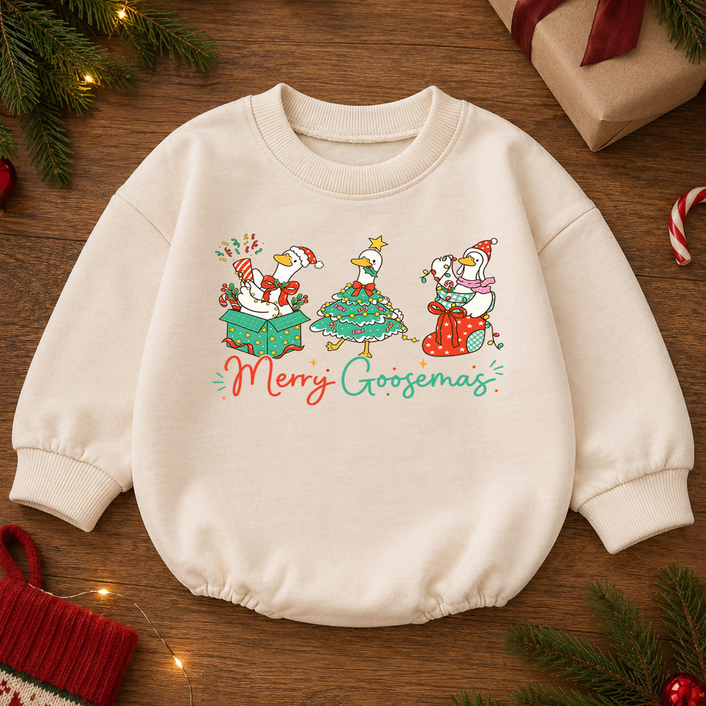 Merry Goosemas Goose Christmas Baby Romper, Funny Holiday Goose Outfit, Cute Farm Animal Christmas Romper, Xmas Gift for Baby — product view 2
