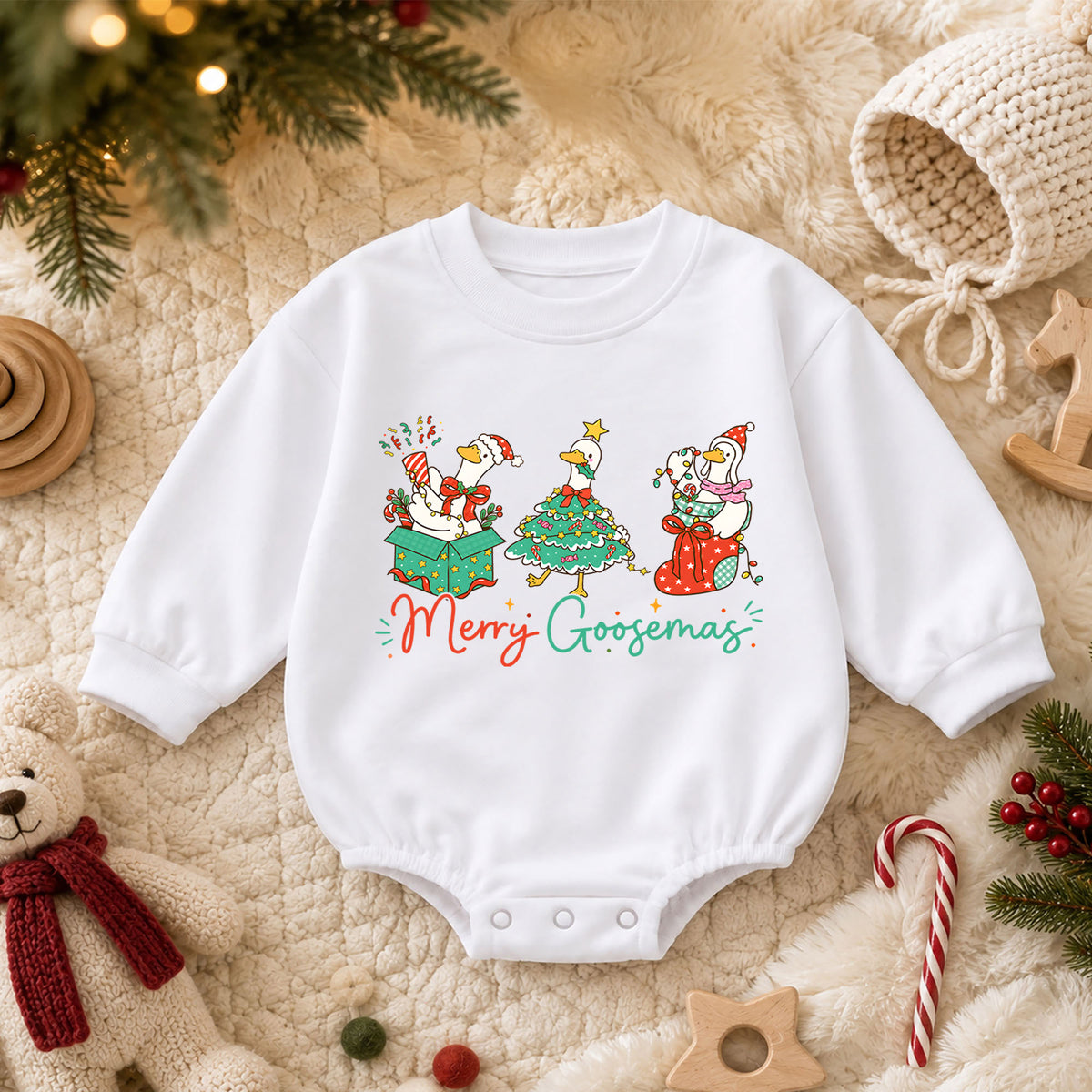 Merry Goosemas Goose Christmas Baby Romper, Funny Holiday Goose Outfit, Cute Farm Animal Christmas Romper, Xmas Gift for Baby — product view 3
