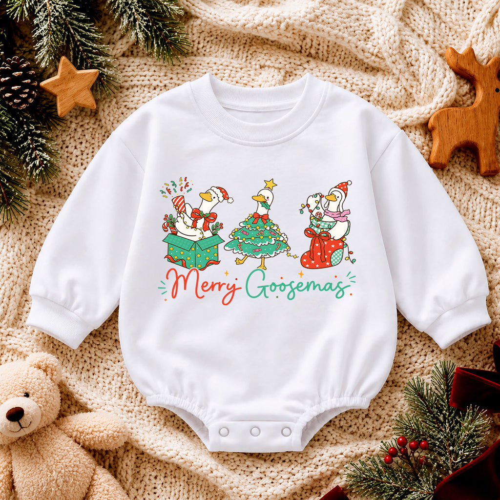Merry Goosemas Goose Christmas Baby Romper, Funny Holiday Goose Outfit, Cute Farm Animal Christmas Romper, Xmas Gift for Baby — product view 4
