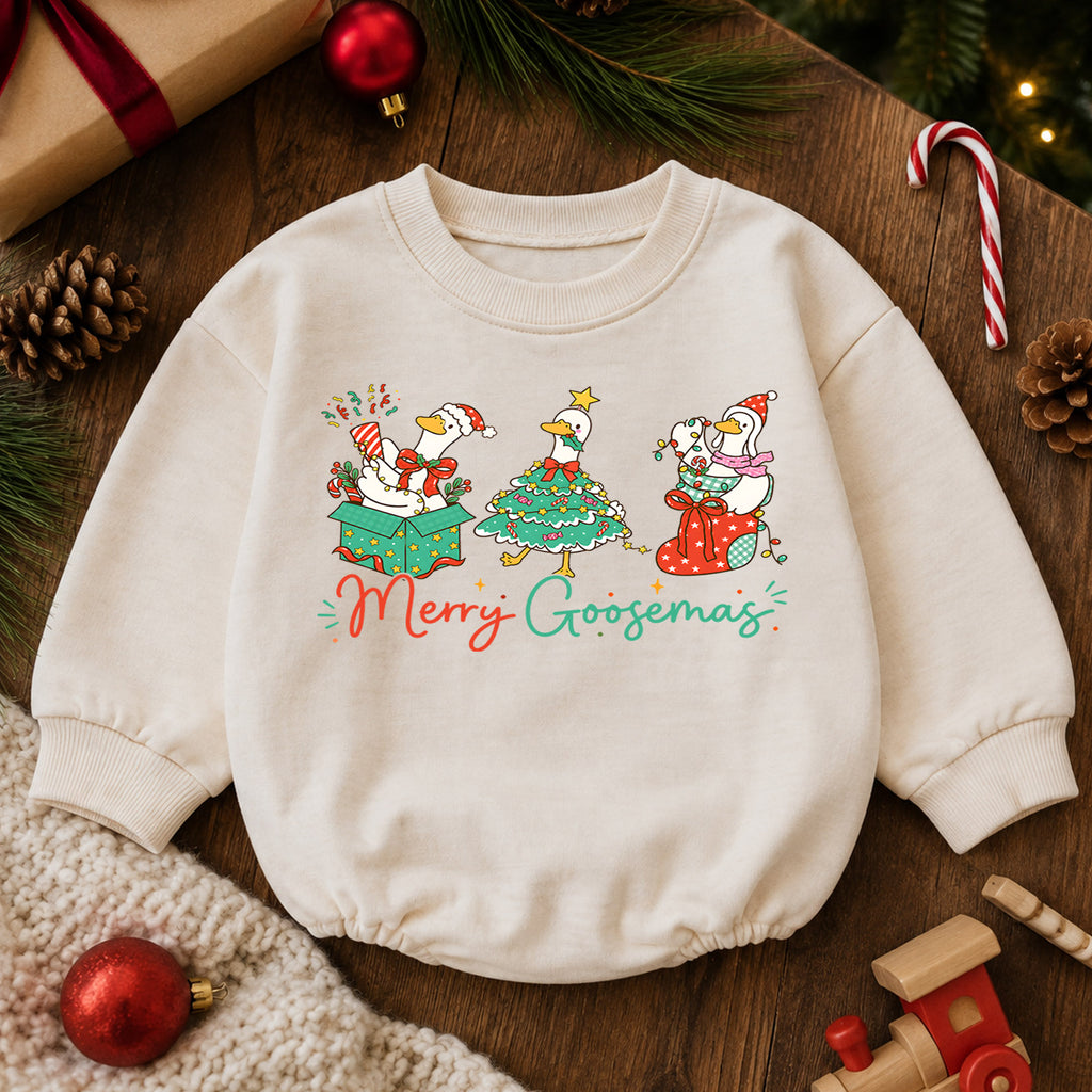 Merry Goosemas Goose Christmas Baby Romper, Funny Holiday Goose Outfit, Cute Farm Animal Christmas Romper, Xmas Gift for Baby — product view 6