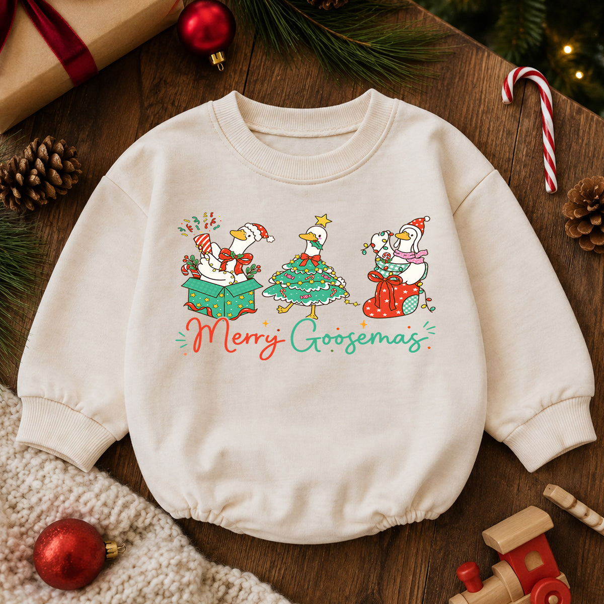 Merry Goosemas Goose Christmas Baby Romper, Funny Holiday Goose Outfit, Cute Farm Animal Christmas Romper, Xmas Gift for Baby — product view 6