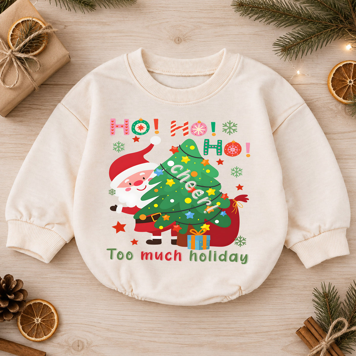 Too Much Holiday Cheer Christmas Baby Romper, Funny Santa Christmas Tree Outfit, Ho Ho Ho Holiday Romper, Festive Xmas Gift for Baby — product view 1