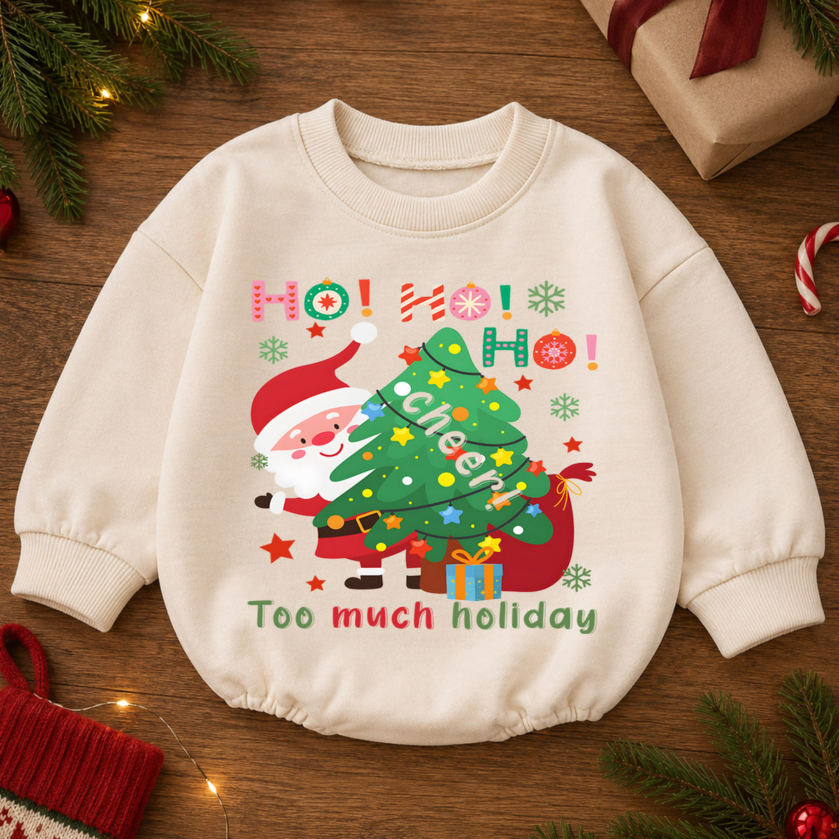 Too Much Holiday Cheer Christmas Baby Romper, Funny Santa Christmas Tree Outfit, Ho Ho Ho Holiday Romper, Festive Xmas Gift for Baby — product view 2
