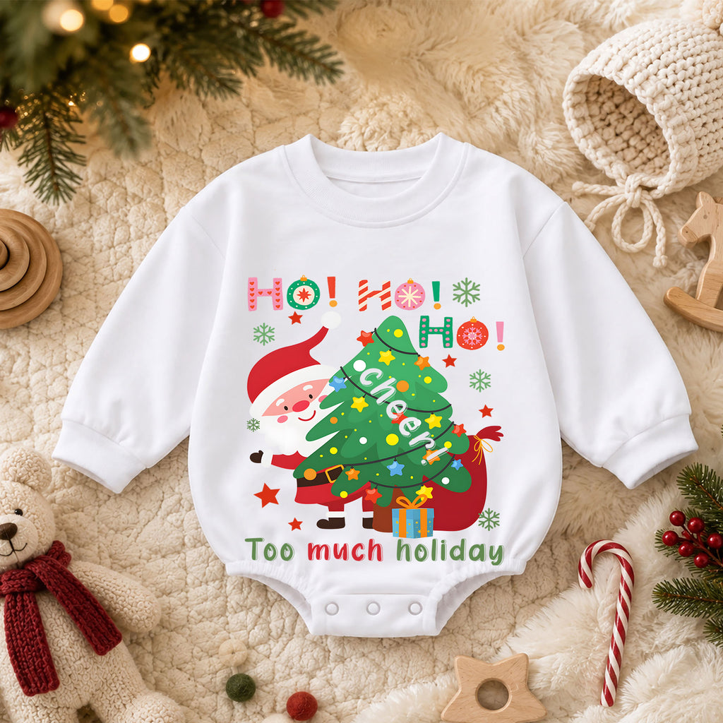 Too Much Holiday Cheer Christmas Baby Romper, Funny Santa Christmas Tree Outfit, Ho Ho Ho Holiday Romper, Festive Xmas Gift for Baby — product view 3