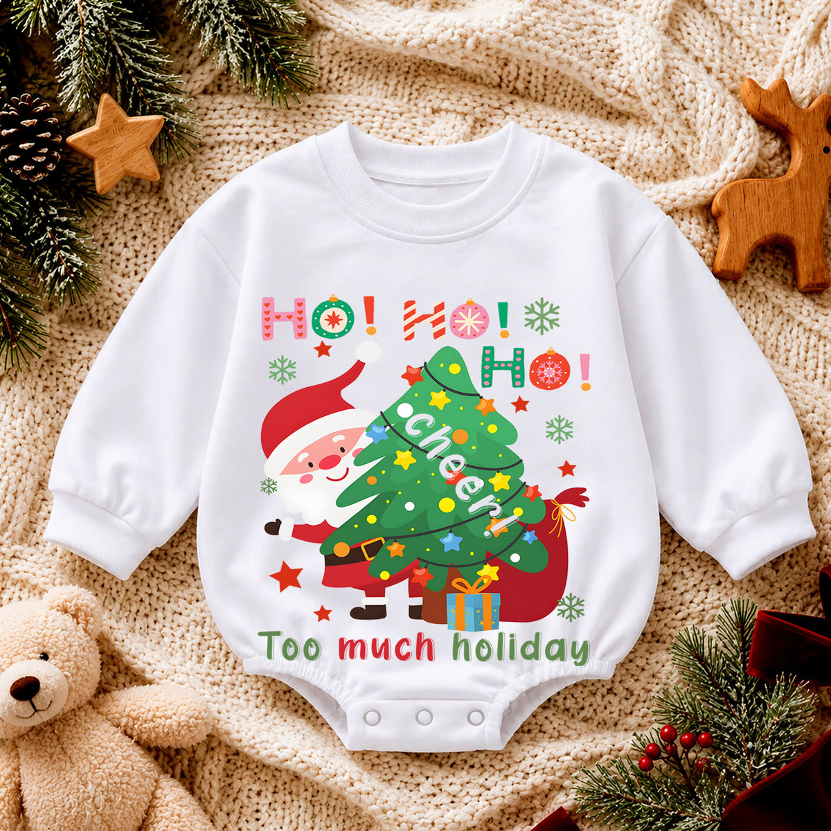 Too Much Holiday Cheer Christmas Baby Romper, Funny Santa Christmas Tree Outfit, Ho Ho Ho Holiday Romper, Festive Xmas Gift for Baby — product view 4