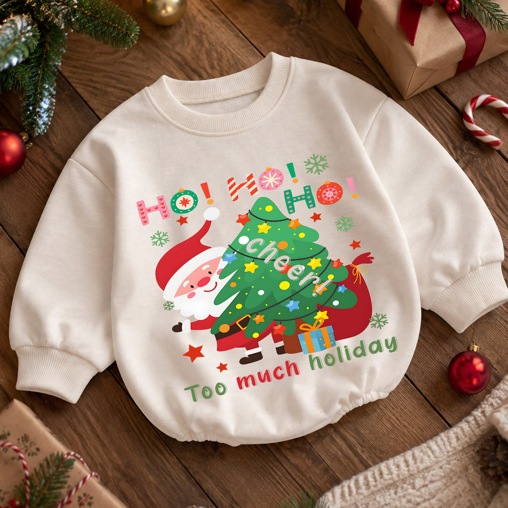 Too Much Holiday Cheer Christmas Baby Romper, Funny Santa Christmas Tree Outfit, Ho Ho Ho Holiday Romper, Festive Xmas Gift for Baby — product view 5