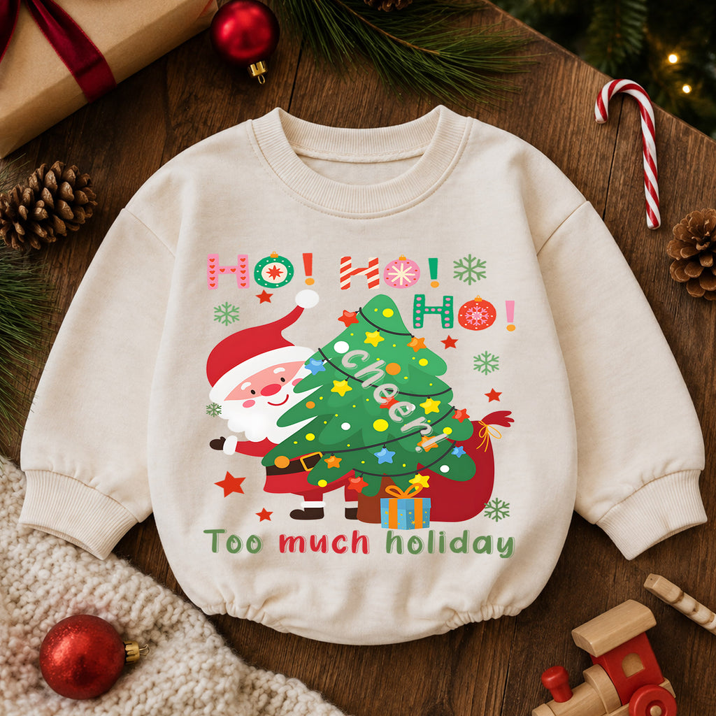 Too Much Holiday Cheer Christmas Baby Romper, Funny Santa Christmas Tree Outfit, Ho Ho Ho Holiday Romper, Festive Xmas Gift for Baby — product view 6