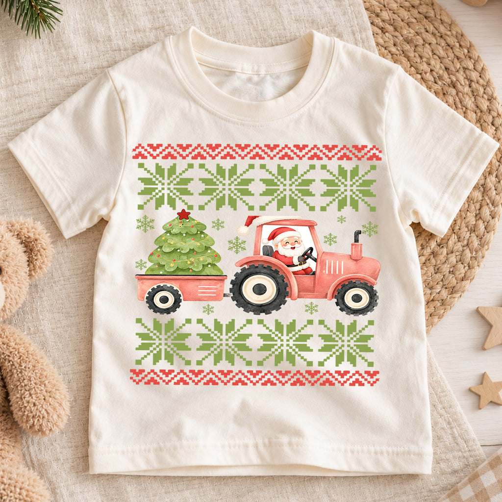 Santa Tractor Christmas Kids Shirt, Farm Christmas Tee, Christmas Tree Tractor T Shirt, Country Holiday Gift for Boys — product view 1
