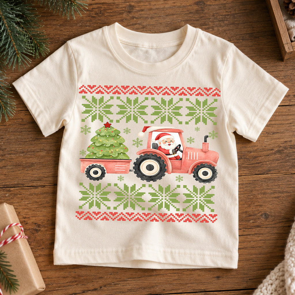 Santa Tractor Christmas Kids Shirt, Farm Christmas Tee, Christmas Tree Tractor T Shirt, Country Holiday Gift for Boys — product view 7