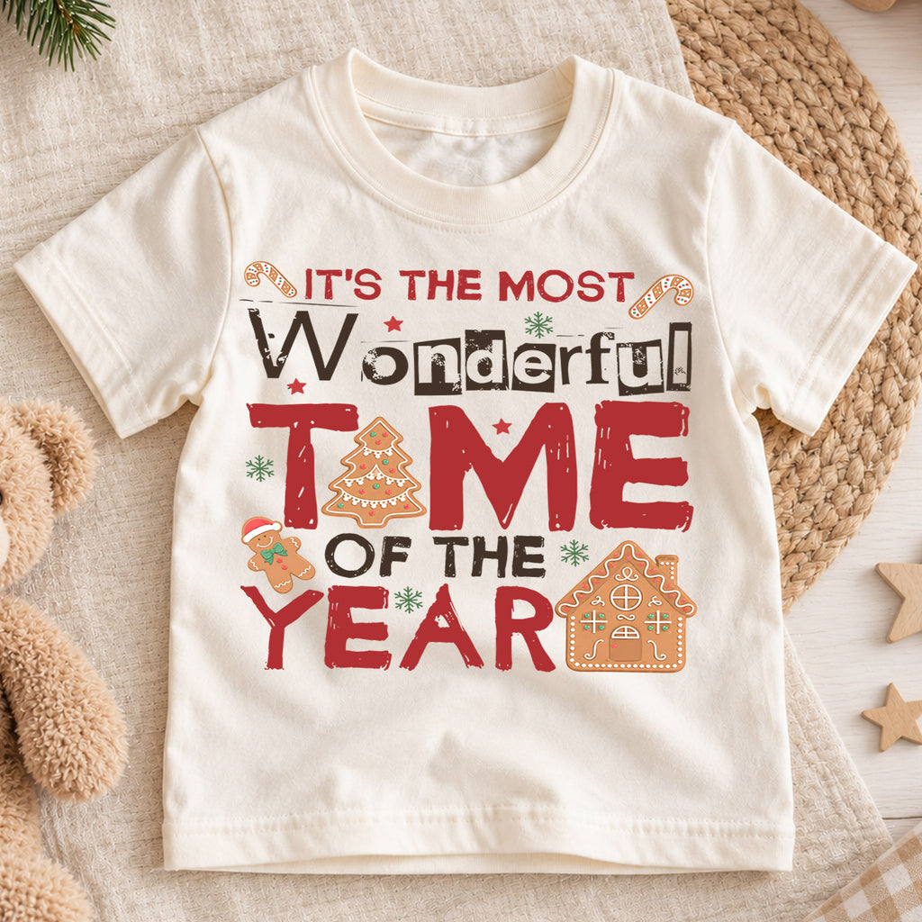 Most Wonderful Time of the Year Kids Christmas T-Shirt, Gingerbread Holiday Tee — product view 1