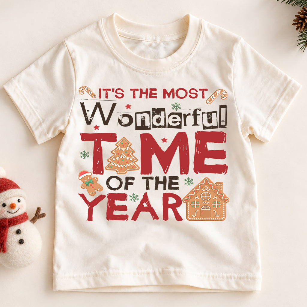 Most Wonderful Time of the Year Kids Christmas T-Shirt, Gingerbread Holiday Tee — product view 2