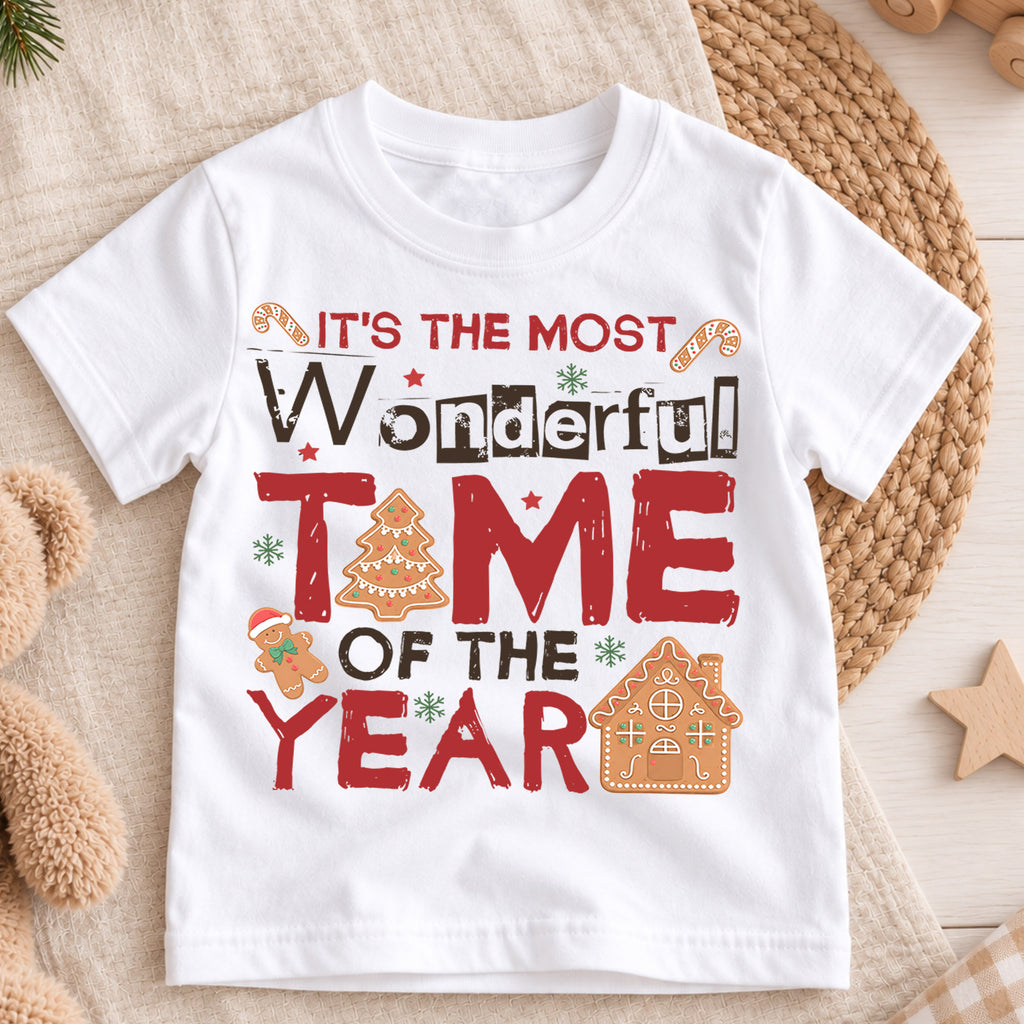 Most Wonderful Time of the Year Kids Christmas T-Shirt, Gingerbread Holiday Tee — product view 3