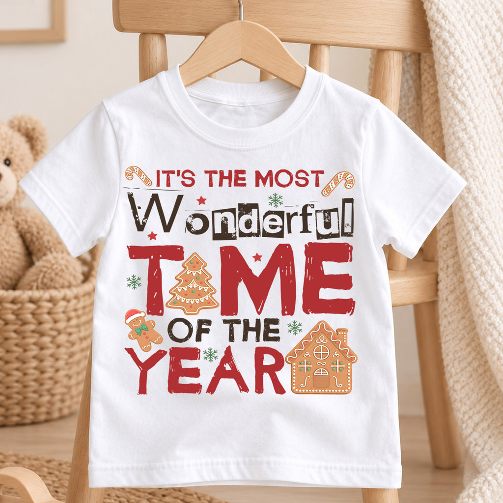 Most Wonderful Time of the Year Kids Christmas T-Shirt, Gingerbread Holiday Tee — product view 4