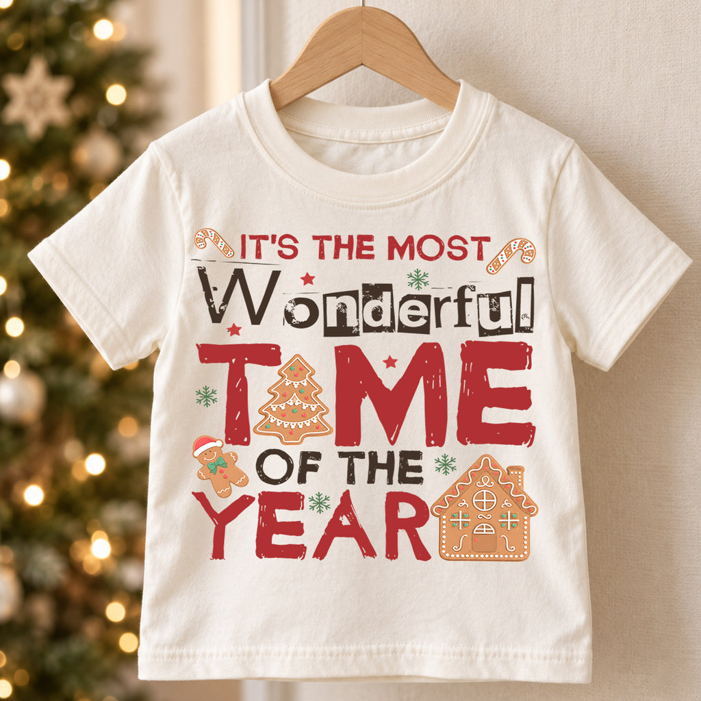 Most Wonderful Time of the Year Kids Christmas T-Shirt, Gingerbread Holiday Tee — product view 5
